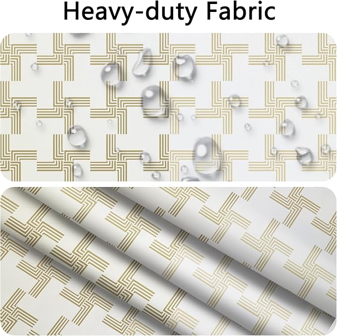 No Hook Shower Curtain with Snap in Liner, Gold Geometric Pattern, Waterproof Fabric Double Layers for Bathroom, See Through Top Window, 71x74 Inch