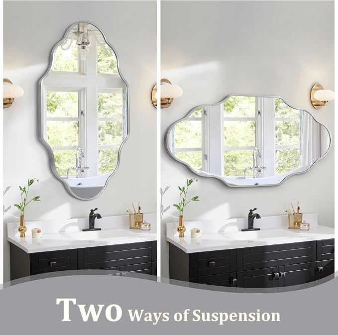 Scalloped Mirror for Bathroom - 26"x46" Silver Bathroom Mirror with Aviation Aluminum Alloy Frame & Shatter-Proof Glass for Living Room Bedroom Entryway, Brushed Silver Frame(x1)