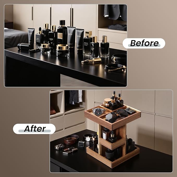 EXIN DECHEN Cologne Organizer for Men,Cologne Stand,3 Tier Wooden Perfume Shelf with Rotate,Desk Organizer,Gifts for Dad From Wife,Husband Boyfriend Birthday Gift Ideas,Valentine's Day Gifts for Men