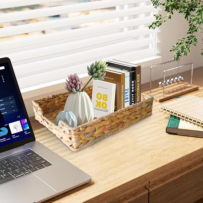 2 Pcs A4 File Tray, Natural Water Hyacinth Desk Basket, Wicker Paper Tray File Basket for Desk Organizer, Woven Letter Size Documents Trays for Office,Toilet Tank Organizer