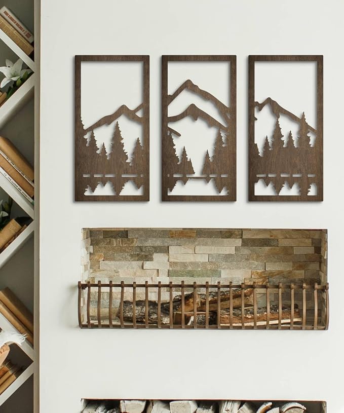 Putuo Decor 3-Piece Mountain Forest Wood Wall Art Set, Natural Wall Art Decor, Minimalist Wall Sculpture for Cabin Bedroom Entryway Living Room