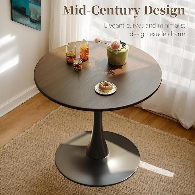 23.6 Inch Tulip Dining Table, Mid-Century Walnut Round Kitchen Table with MDF Tabletop and Pedestal Base, Modern Leisure Table for Small Space Kitchen Dining Room