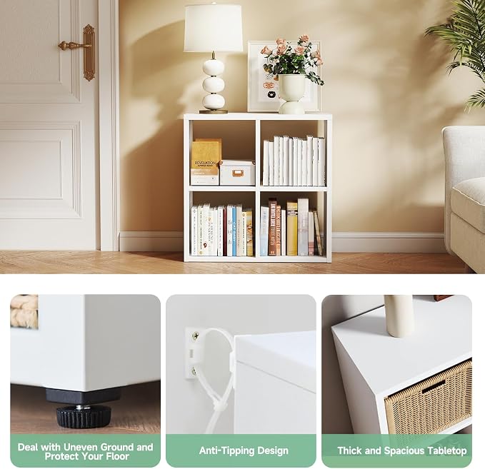 IRONMIX Metal 4 Cube Storage Organizer, White Short Bookshelf with Storage, Small Horizontal Bookshelf, 2 Tier Open Bookcase Cube Shelf, Small Closet Organization for Home Office Library (White, 700)