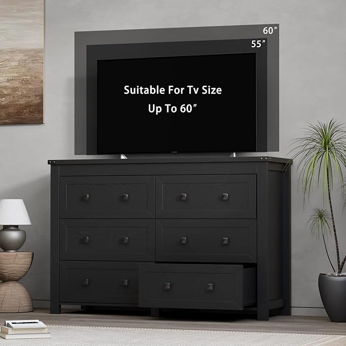 6 Drawer Dresser for Bedroom, Black Modern Dressers & Chests of Drawers with Metal Handles, Closet Storage Dresser, Storage Cabinet and Organizer with Drawers