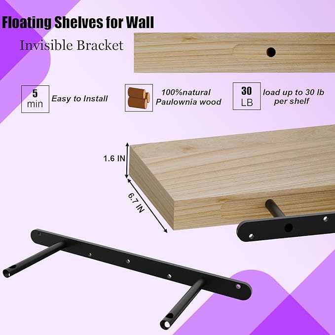 IAE Floating Wall Shelves 24 inch,Bathroom Shelf Wall Mounted,Invisible Shelf Floating Kitchen Shelves,Wooden Wall Shelving with Brackets for Living Room Wall Mounted,Easy Install,Set of 2,Natural