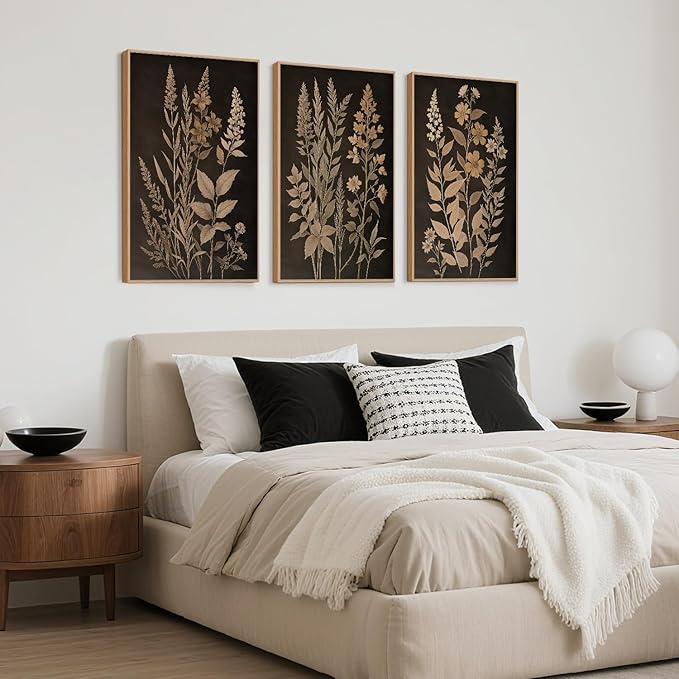 HLNIUC Vintage Botanical Fern Framed Canvas Wall Art Set,Black and Tan Plant Leaves Wall Decor,Modern Farmhouse Art Print,Neutral Minimalist Herb Floral Wall Painting for Living Room,Office - 24”x36”3