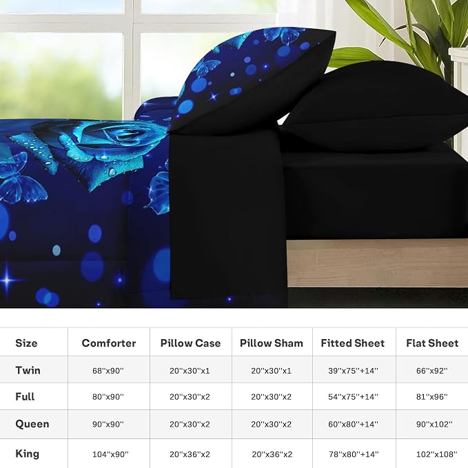 Nesker 7 Pcs Comforter Set Full Size, Blue Rose Floral Flower Bedding Set for Kids and Adults, Romantic Valentine Bed Sheet Sets with Fitted Sheet 2 Pillowcases & 2 Shams
