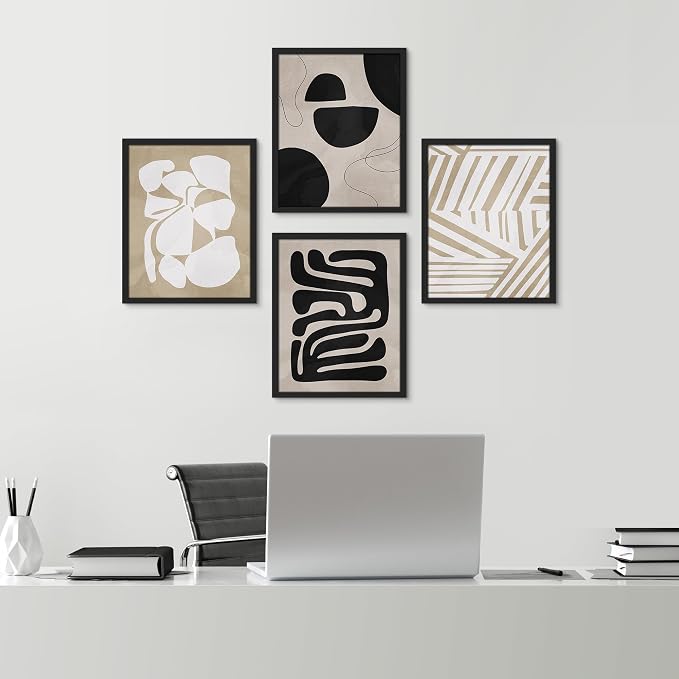 SIGNWIN Framed Tropical Mid-Century Wall Art, Set of 4 Modern Hawaiian Geometric Print Wall Decor Prints, Nature Wilderness Wall Décor for Living Room, Bedroom - 12"x16" Black