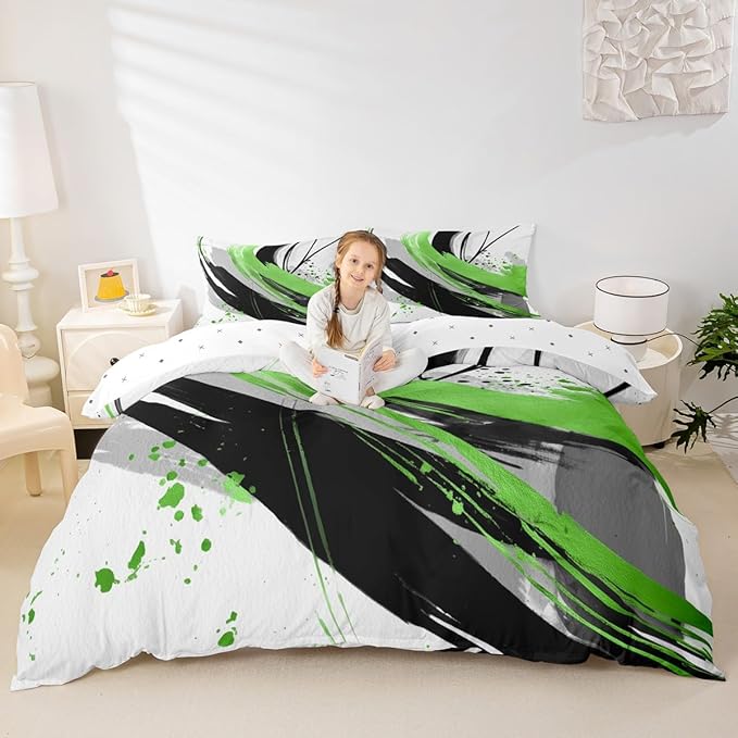 Erosebridal Black and Green Kids Bedding | Modern Geometric Striped Duvet Cover for Boys Girls Boho Contemporary Watercolor Graffiti Bed Set Minimalist Aesthetic Art Bed Cover King 3Pcs