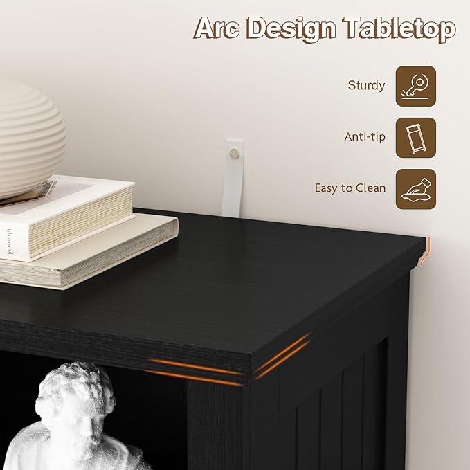 8 Cube Storage Organizer - 62" Long Farmhouse Wood Low Bookshelf, Horizontal Open Shelf Bookcase Cubby Storage Console Cabinet for Living Room, Entryway, Office, Black