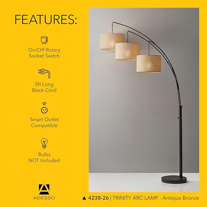 Adesso Arc Floor Lamp with 3 Movable Shades & Dimmable Brightness - Perfect Lighting for Bedroom, Living Room and Corner Decor, Antique Bronze