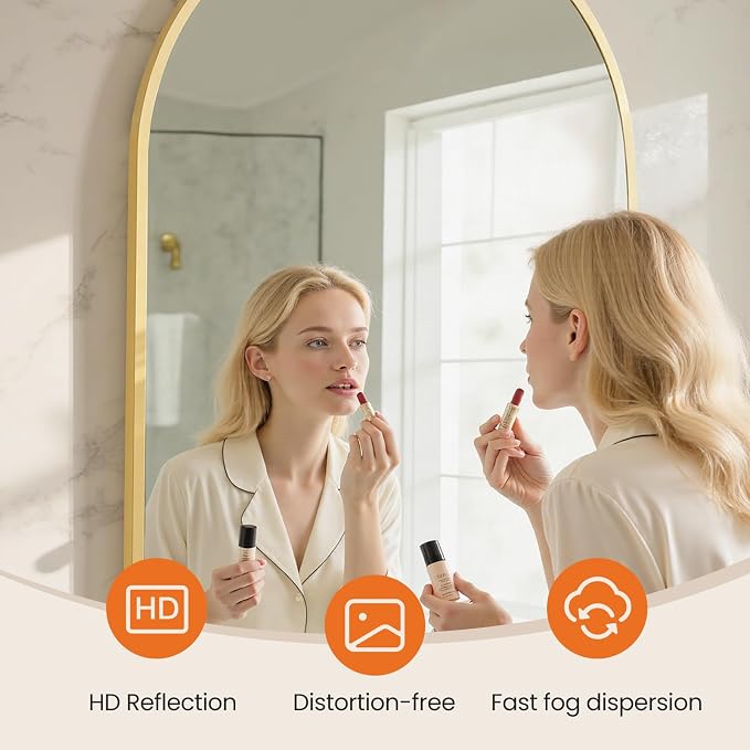 NEWBULIG 38X30 Inch Arched Bathroom Mirror for Wall, Vanity Bathroom Mirrors for Over Sink Tempered Glass, Anti-Rust Arched Metal Framed, Hangs Horizontally or Vertically, Farmhouse Home Decor, Gold