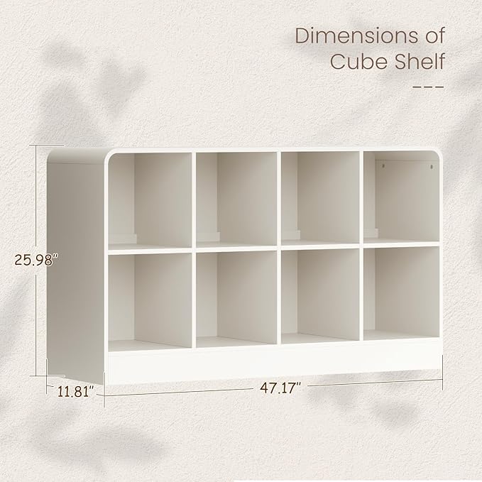 EXPERLAM White 8 Cube Storage Organizer with Rounded Edges and Reinforced Base, Low Horizontal Cube Bookshelf, Wooden Cube Shelf Bookcase for Living Room, Kids Room, Bedroom, TV Stand
