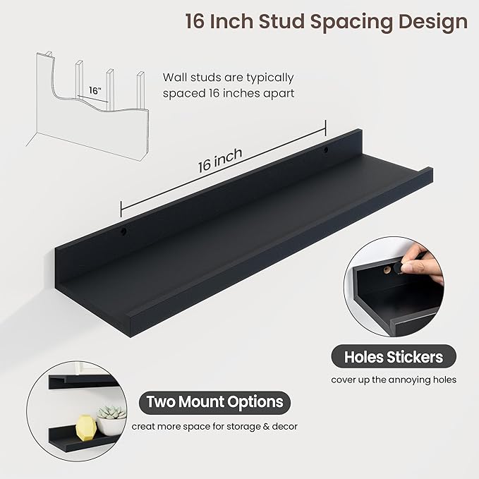Axeman Picture Ledge Shelf | 24 Inch Black Floating Shelves Set of 3 | Rustic Wood Wall Shelves with Lip | 24" Black Picture Shelf for Wall with Ledge | Photo Shelves