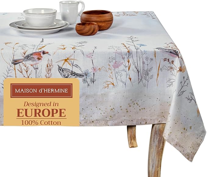 Maison d' Hermine Table Cloth Rectangle Table 100% Cotton 54 x 72 Inches Tablecloth Reusable Decorative for Dining Room Farmhouse Home Valentines Day Decorations Spring Summer - Meadow Florals - Beige
