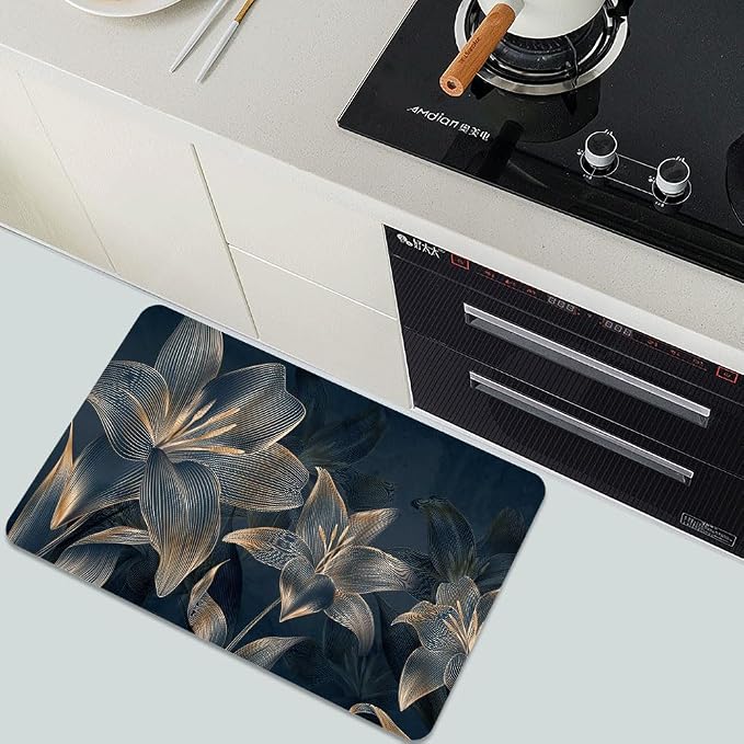Diatomaceous Earth Bath Mat,Abstract Dark Flowers in Golden line Non-Slip Volume Super Absorbent Fast Drying for Bathroom Kitchen mat,Eco-Friendly Easy to Clean 20×31Inch (50 * 80cm)