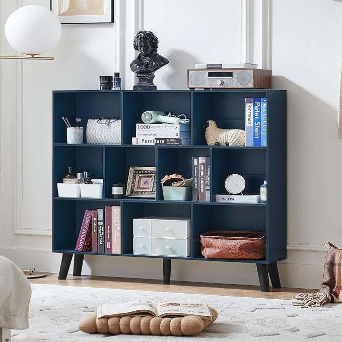 LEYAOYAO 10 Cube Bookshelf, 3 Tier Vintage 55" Wide Bookcase with Legs, Mid-Century Wood Bookshelves Storage, Dark Blue Large Book Case, Freestanding Organizer Display Shelf for Living Room, Office