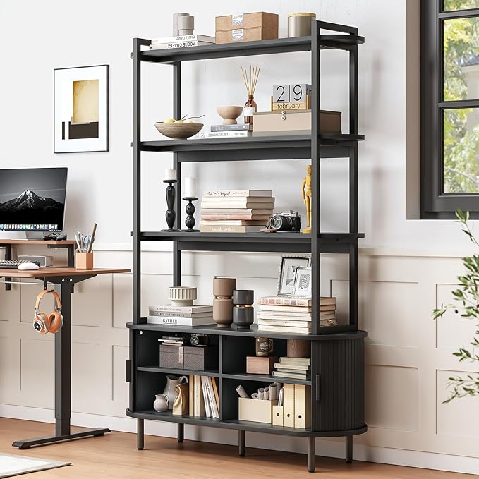 ONBRILL 71" Tall Bookshelf, 4-Tier Book Shelf with Storage Cabinet, Modern Bookcase with Sliding Door and Adjustable Footpad, Freestanding Storage Organizer Bookshelf for Living Room, Bedroom, Black