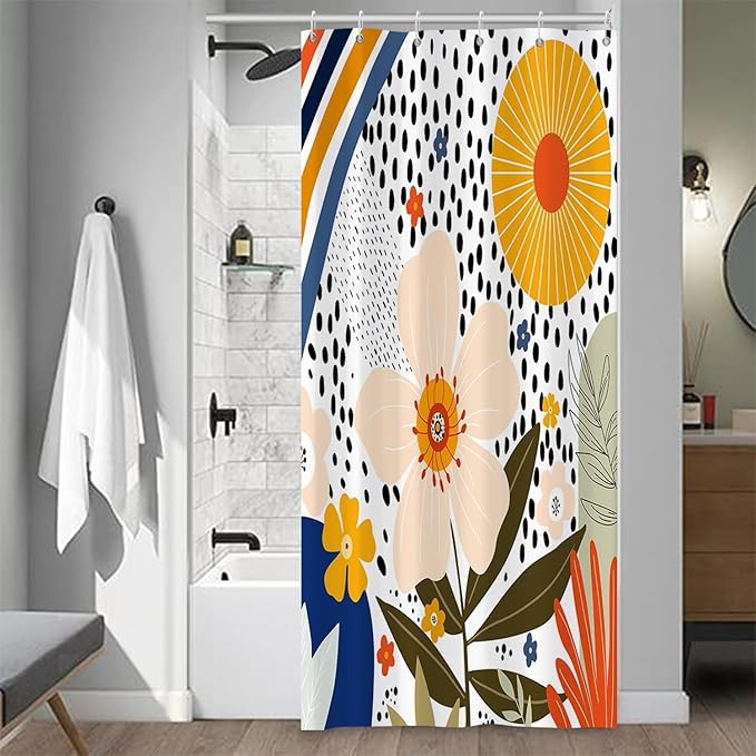 Colorful Boho Bathroom Shower Curtain Pink Floral Sun Abstract White Spots Shower Curtain Aesthetics Art Decor Washable Polyester Durable Fabric Shower Curtain with Hooks, 36x72 Inch