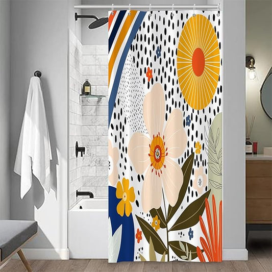 Colorful Boho Bathroom Shower Curtain Pink Floral Sun Abstract White Spots Shower Curtain Aesthetics Art Decor Washable Polyester Durable Fabric Shower Curtain with Hooks, 36x72 Inch