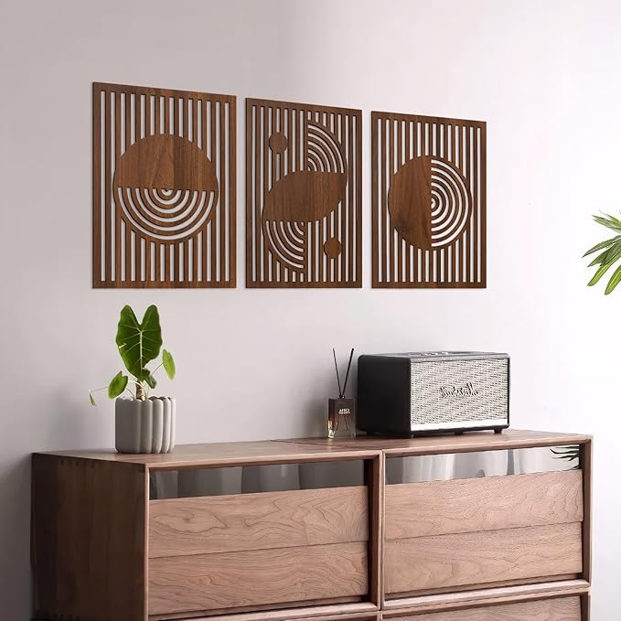 pechpell Set of 3 Mid Century Modern Wall Art, 15.7×11.8 Inch Brown Wooden Abstract Wood Wall Panels, Minimalist Geometric Decor for Living Room Bedroom Rustic Farmhouse Home Decorations