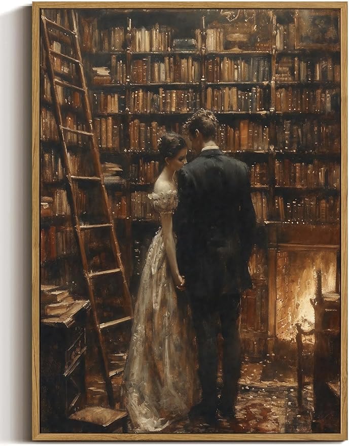 WALLZK Vintage Framed Wall Art Library Wall Decor Moody Dark Academia Canvas Prints Victoria Antique Literary Romantic Pictures Artwork for Walls Living Room Study Bedroom 16"x24"