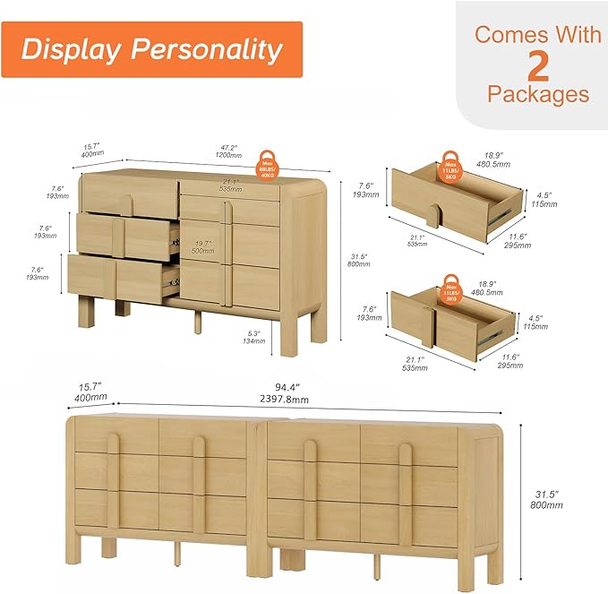 WAMPAT 94.4" W Buffet Cabinet with 12 Drawers, Modern Sideboard Buffet Cabinet with Storage, Buffet Table Coffee Bar Wine Bar Storage Cabinet for Dining Room, Living Room, Hallway, Oak