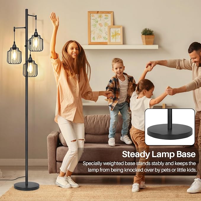 Dimmable Floor Lamp with 3 x 800LM LED Edison Bulbs,Tall Standing Lamp for Living Room,Farmhouse Black Corner Floor Lamp,Bright Industrial Rustic Vintage Tree Pole Light with Cage for Bedroom Office