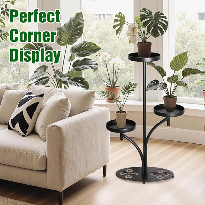 Indoor 3 Tier Black Plant Stand, Tall Metal Plant Stand, Heavy-duty Base in the Shape of a Four-leaf Clover, Layered Modern Flower Pot Rack, Suitable for Courtyards, Patios, Living Rooms, Bedrooms