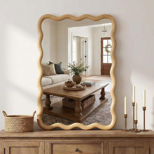 Majnesvon 20x30 Inch Asymmetrical Wall Mirror Wood,Rustic Irregular Shaped Vanity Mirror for Bathroom,Bedroom, Living Room, Entryway, Fireplace,Wall Decor,Solid Wooden Frame (Oak - 1, 20"x30" Inch)