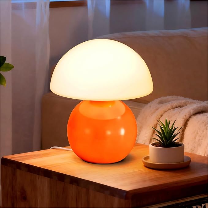 Small Mushroom Lamp,USB-Plug in Bedside Table Lamps with 3-Temperature LED Bulb Dimmable,Unique Cute Aesthetic Home Decor for Living Room,Bedroom, Modern Ceramic Base Glass Lamp(Orange)