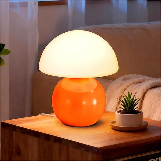 Small Mushroom Lamp,USB-Plug in Bedside Table Lamps with 3-Temperature LED Bulb Dimmable,Unique Cute Aesthetic Home Decor for Living Room,Bedroom, Modern Ceramic Base Glass Lamp(Orange)