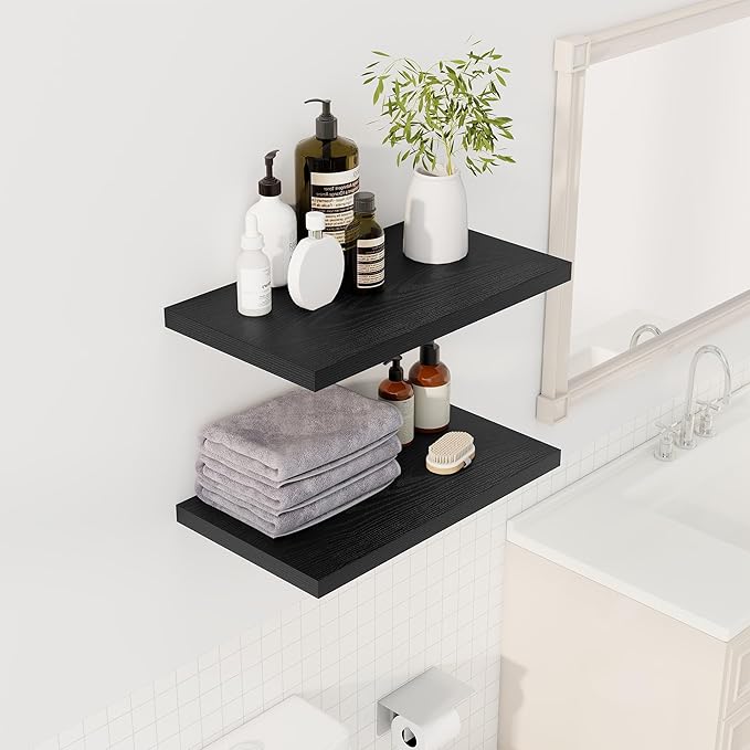 Dreamland 24" Floating Shelves for Wall, 12" Deep Slim Black Floating Shelves, Wall-Mounted Shelves for Bedroom, Living Room, Kitchen, Bathroom - Set of 2