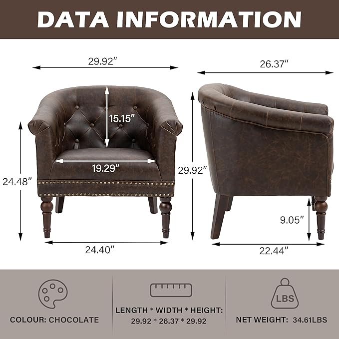 UIXE PU Leather Barrel Club Chairs Set of 2, Modern Arm Accnet Chair Comfy Upholstered Armchair, Nailhead Trim Living Room Single Sofa Reading Seat Bedroom Side Sitting for Office, Chocolate
