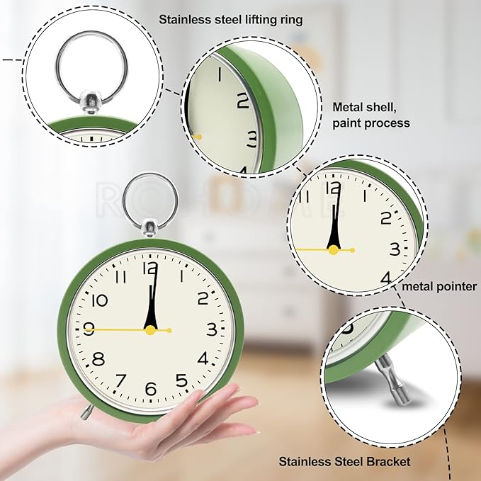 Small Alarm Clock, Silent Non Ticking Quartz Movement, Hanging Modern Metal Design, Battery Operated with Night Light, for Bedroom, Bedside, Desk, Living Room, Office, Shelf, Nightstand (Grass Green)