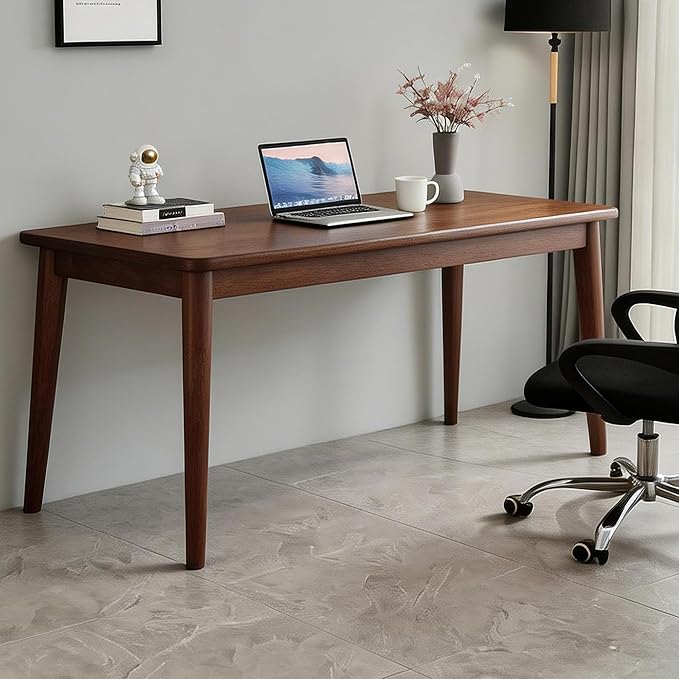 Solid Rubberwood Writing Desk Modern Wooden Computer Table for Bedroom Home Office Study Apartment Small Space Workstation with Tapered Legs,Spacious Tabletop (Walnut,62.99"L x 19.69"W x 29.53"H)