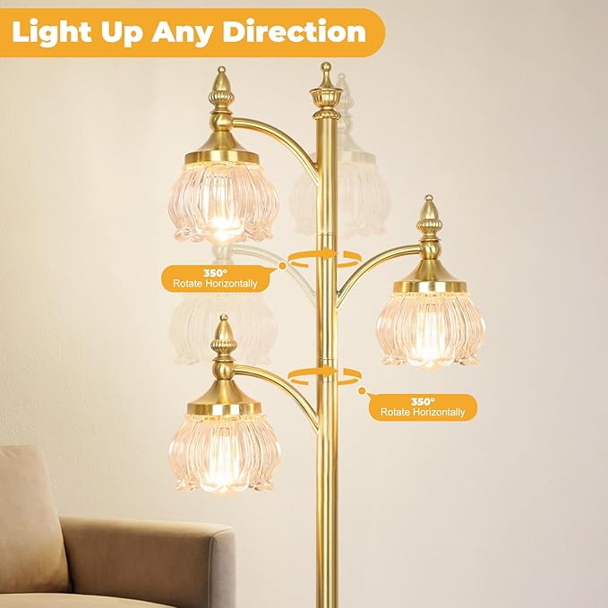 JUNNAI Floor Lamp Gold Glass Brass 66.5in Tall Standing Lamp for Living Room with 3 Brightness Lights Vintage Tree Flower Lamp for Bedroom Office(3LED Bulbs Included)