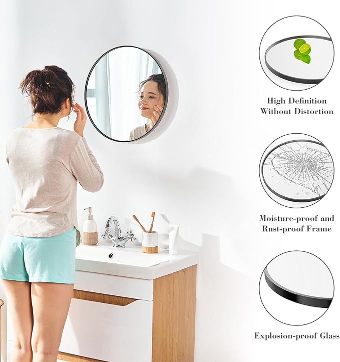 Sweetcrispy 20 Inch Round Wall Mirror with Tempered Glass, Bathroom Mirror Over Sink, Anti-Fog & Waterproof Round Mirrors for Bathroom, Entryway, Bedroom, Shatterproof Design, Black