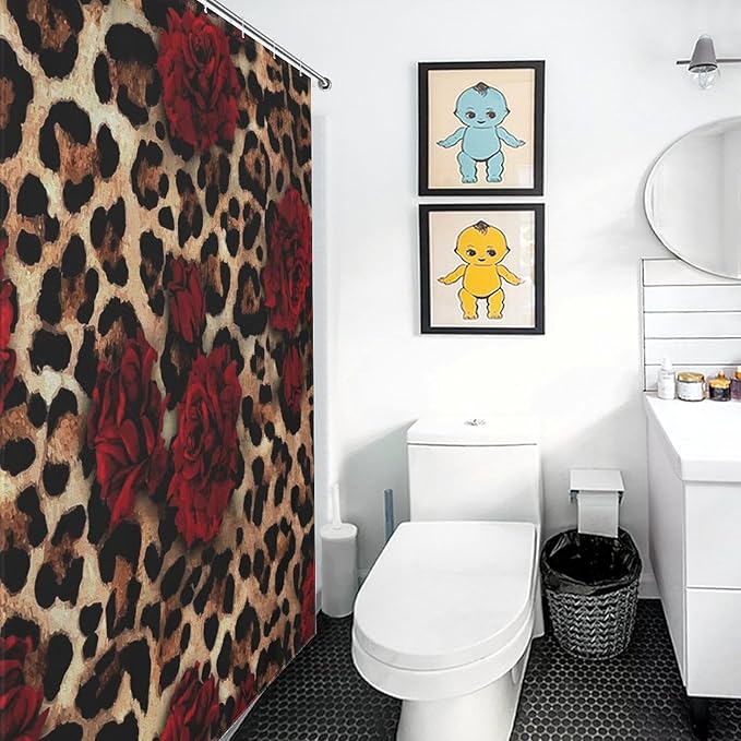 Leopard Rose Flower Shower Curtain Brown Wild Animal Skin Print Cute Red Rose Floral Valentine's Day Creative Modern Art Waterproof Shower Curtains for Bathroom Decor 12 Pack Hooks 66x72in（168x183cm）