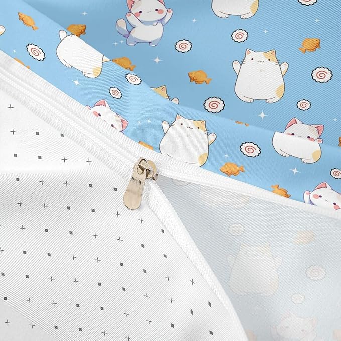 Erosebridal Cute Cat Duvet Cover Twin Kawaii Cats Kitten Bedding Set Pet Animals Cat Lovers Comforter Cover for Kids Girls Boys Adults Sushi Snacks Blue Bed Set