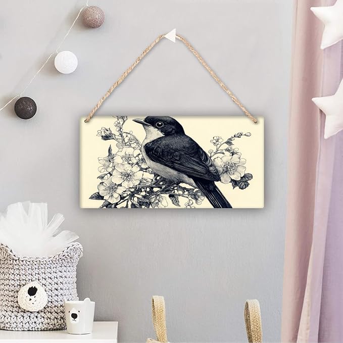 Retro Illustration en Bird & Floral Masterpiece wooden sign, 12x6 Inch Wall Decors for Collectors, Nostalgic Studio Accent, Unique Show & anniversary for Vintage Fans