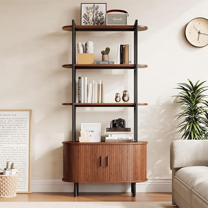 4 Tier Tall Bookshelf with Cabinet, Fluted Bookcase with Sliding Door, Metal and Wood Display Shelf, Free Standing Storage Shelving Unit, Corner Storage Organizer for Living Room, Home Office, Walnut