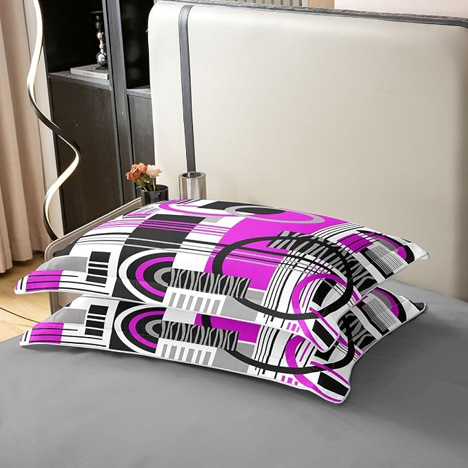 Erosebridal Art Deco Mid Century Duvet Cover Set Retro Modern Abstract Geometric 100% Cotton Comforter Cover Black and White Purple Circles Stripes King Bedding Set, Contemporary Bed Sets