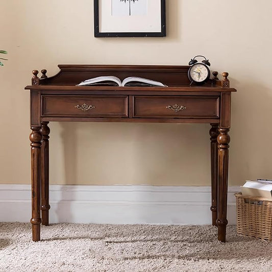 Mid-Century Home Office Desk with 2 Drawers, Storage Vanity Dressing Table, Solid Wood Wide Writing Study Desk, Computer Desks for Bedroom, Living Room(35.5" W x 17.7" D, Khaki)
