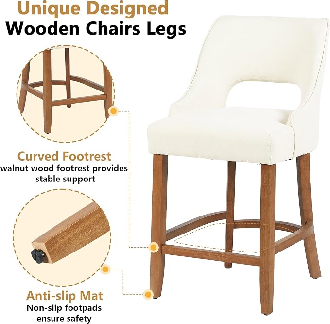ClinQ Bar Stools Set of 6, 26" H Counter Height Bar Stools with Backs, Modern Upholstered Accent Barstools with Curved Footrest for Kitchen Island, Dining Room and Bar, Beige-Walnut Legs