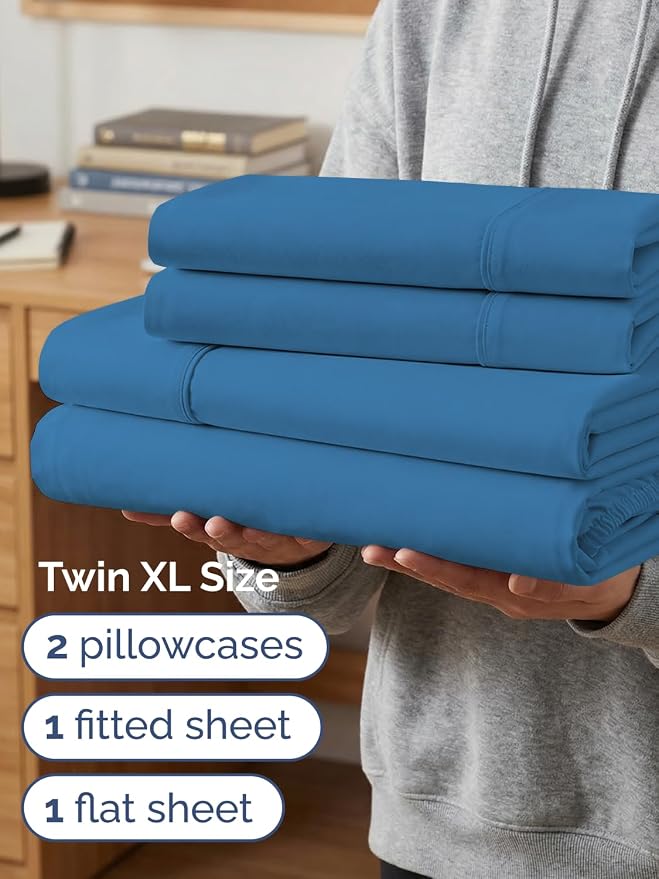 Extra Deep Twin XL Sheet Set - 4 Piece College Dorm Bed Sheets Set with Extra Deep Pockets - Ultra-Soft, Comfy & Breathable Bedding for Women, Men, Kids & Teens - Wrinkle & Fade Resistant - Denim Blue