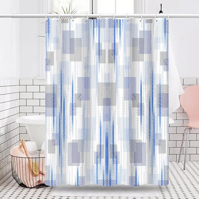 Abstract Style Shower Curtain Blue Grey Geometric Lines Pattern Shower Curtains for Art Aesthetic Bathroom Waterproof Fabric Decor Set with Hooks, 72W x 72H Inch