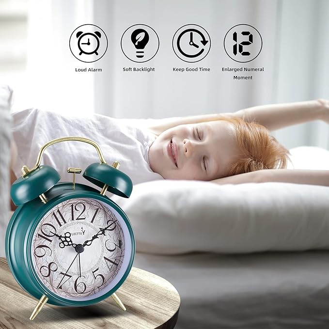 FLOITTUY Loud Alarm for Deep Sleepers 4'' Retro & Fashionable Twin Bell Alarm Clock with Backlight for Bedroom and Home Decoration(Deep Emerald)