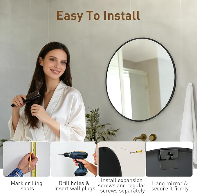 NEWBULIG Wall Mirror, Bathroom Mirror for Over Sink, Matte Metal Framed Vanity Mirror, Wall Decor for Bedroom, Tempered Glass