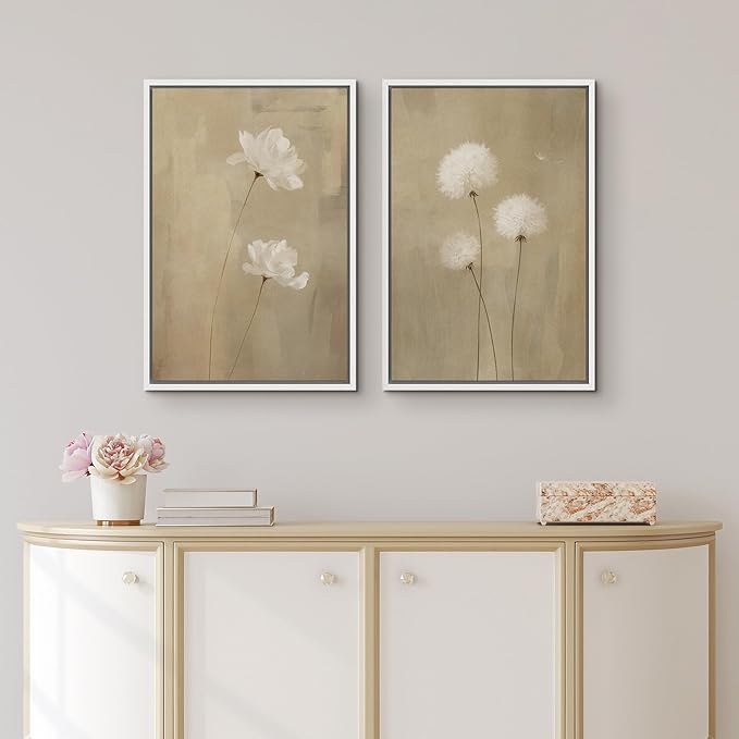 IDEA4WALL Framed Canvas Print Wall Art Set Neutral Floral with White Flowers and Dandelions Illustrations Modern Art Decorative Bohemian Calm/Zen for Living Room, Bedroom, Office - 16"x24"x2 White